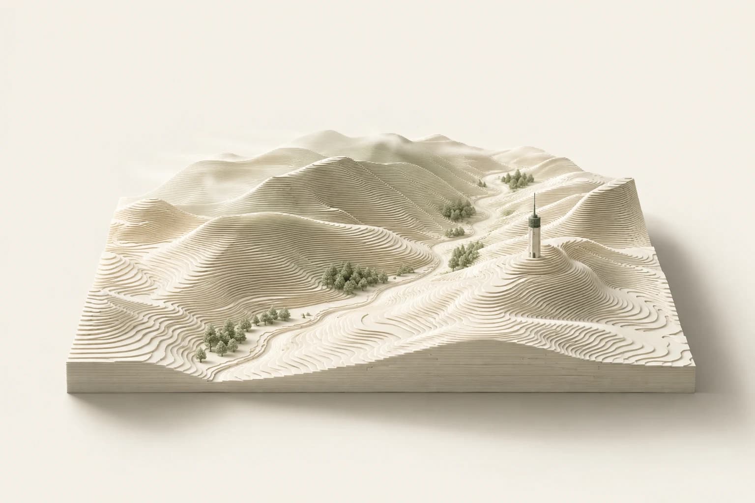 Sculpted topographic terrain with an atmospheric receptor above the valley