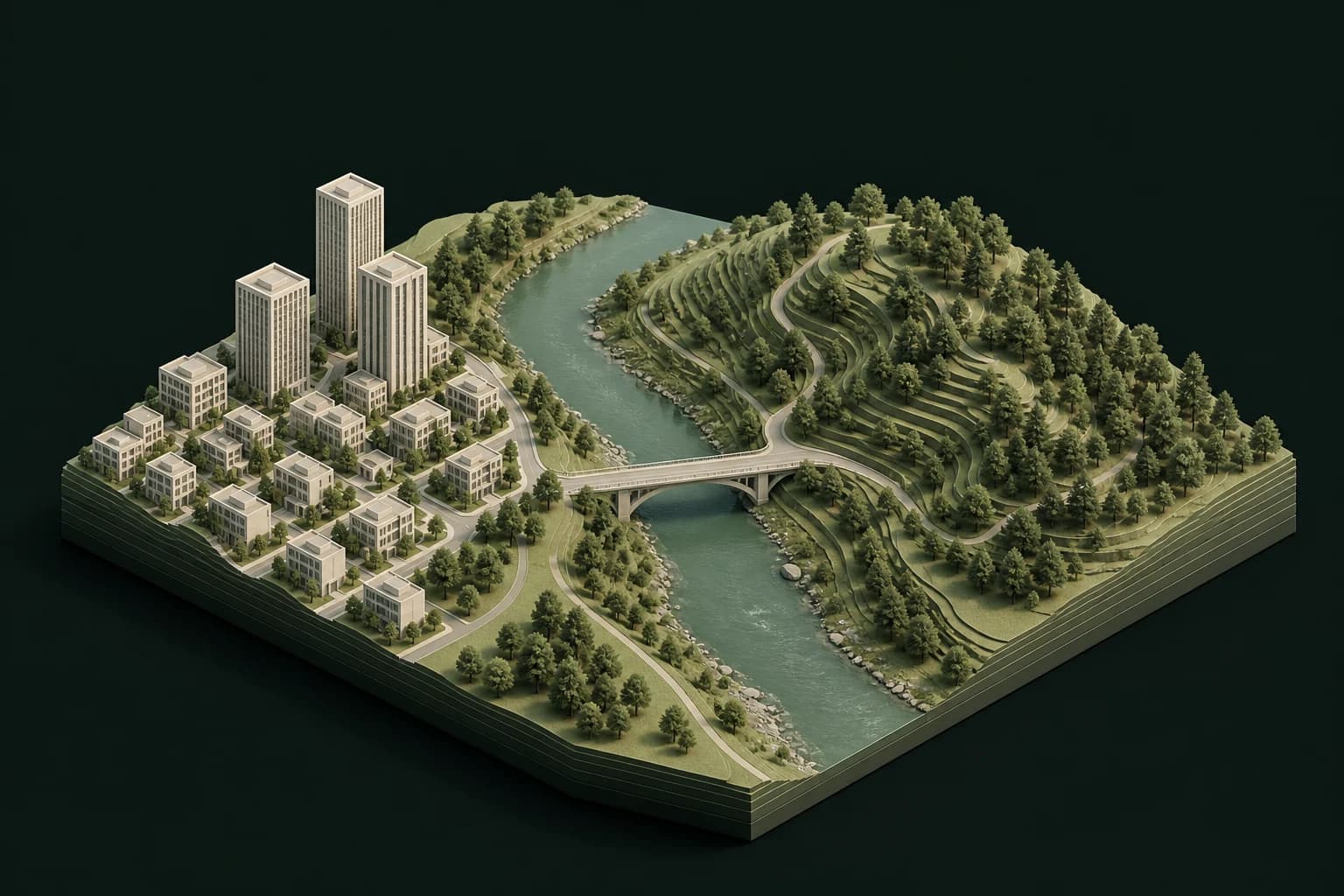 Isometric landscape with a riverside city, a bridge, and forested hills